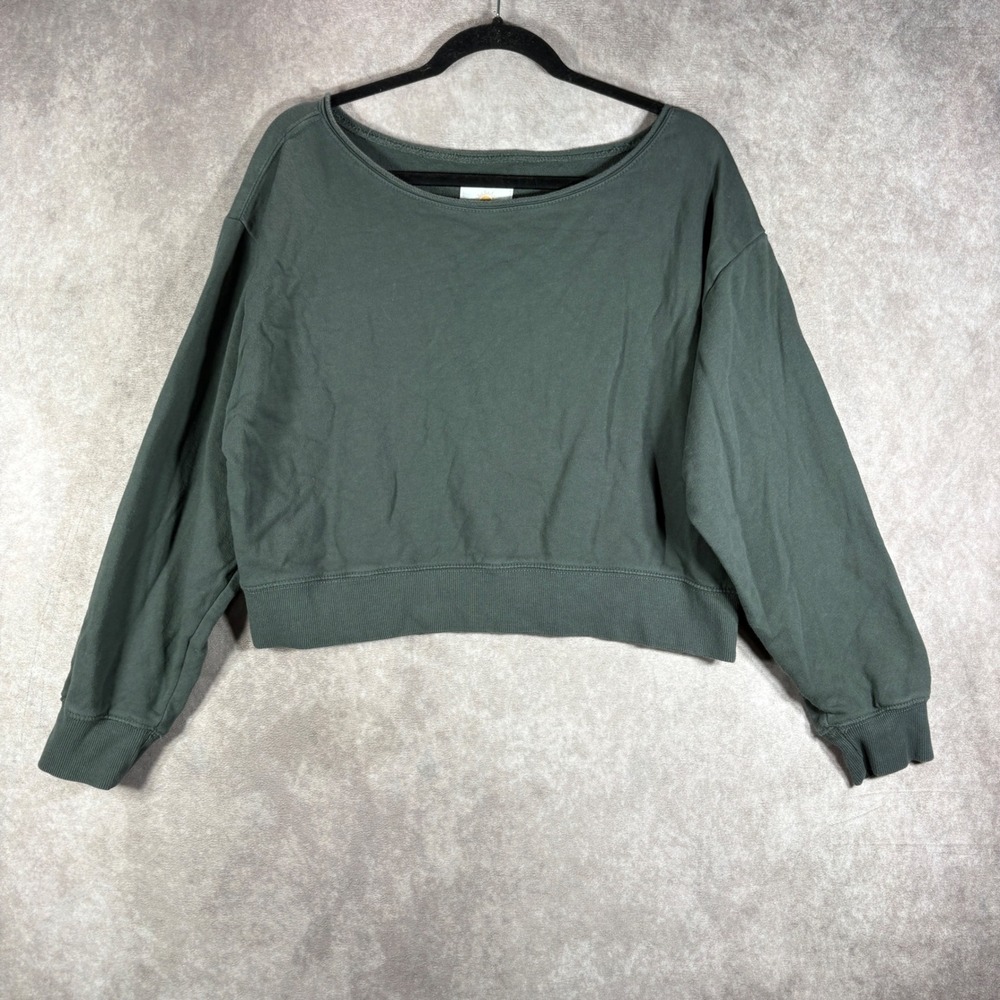 Lazy Sunday Sweatshirt Womens Large Green Cropped Cotton Pullover Lounge